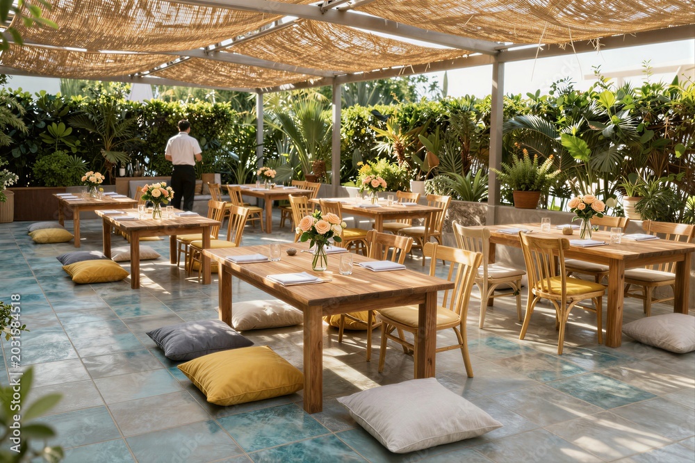 Fototapeta premium Outdoor low table dining setup under shaded pergola