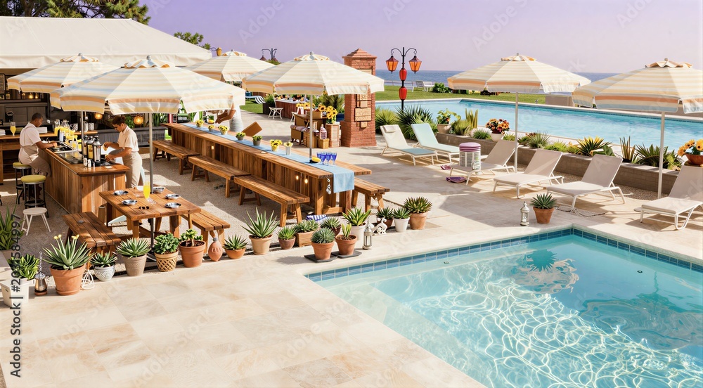 Fototapeta premium Poolside bar serving drinks and loungers at resort terrace