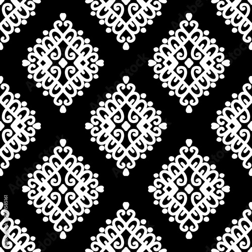 Elegant black and white seamless damask pattern. Classic victorian style motif for textile print, wallpaper background, and luxury fabric design. Symmetrical monochrome geometric ornament.