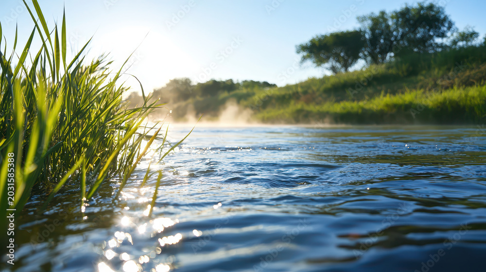Obraz premium Tranquil river scene with mist rising above water, surrounded by lush green grass and trees, evokes sense of peace and serenity