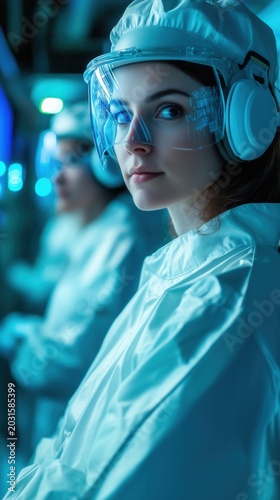 Female technician in futuristic energy command center