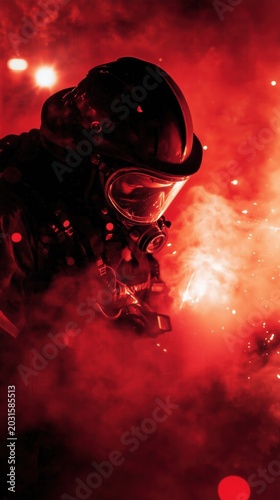 Firefighter in Smoke Wearing Gas Mask