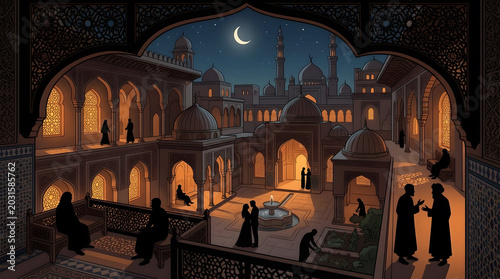 Elegant Islamic Architecture Scene with Warm Lights and Arabian Night Atmosphere