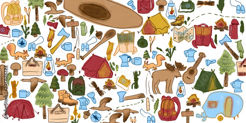 Cute Camping Pattern with Hand Drawn Outdoor Elements