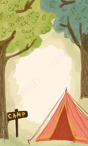 Watercolor Camping Poster with Tent in Forest