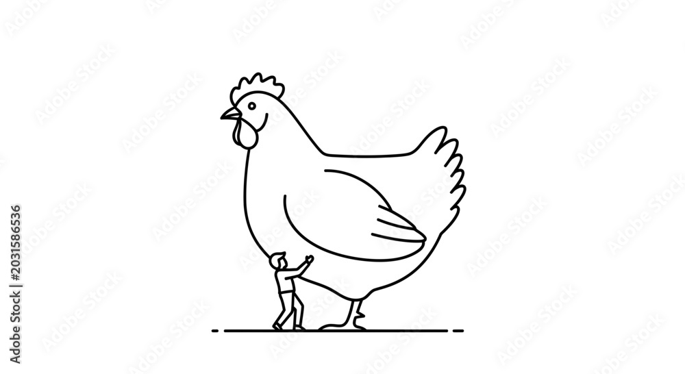 Fototapeta premium Tiny Man Standing Underneath Giant Chicken, Surreal Farm Concept, Whimsical Illustration
