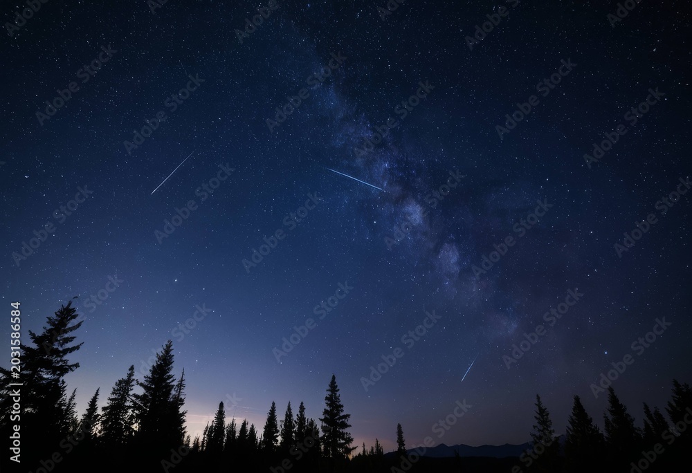 Fototapeta premium Multiple meteors streaking across the starry night sky over conifer forest silhouette