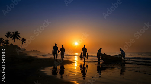 Golden Sunrise Over Calm Ocean with People on Sandy Beach