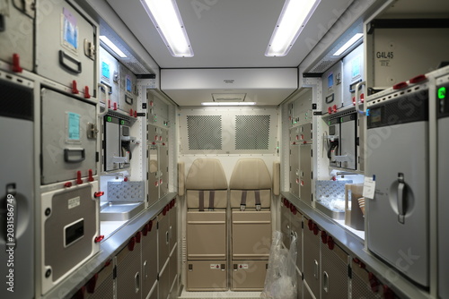 Obraz na plátne A symmetrical view of a modern airplane galley with jumpseats in the background