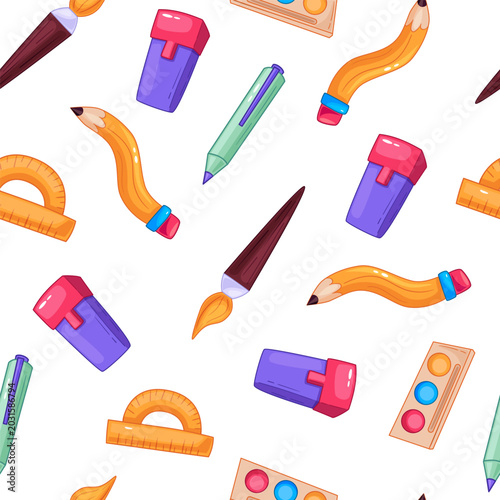 Seamless school supplies pattern with pencil, pen, ruler, eraser and paintbrush. Colorful educational background for classroom, stationery, textile, wrapping paper and back to school design