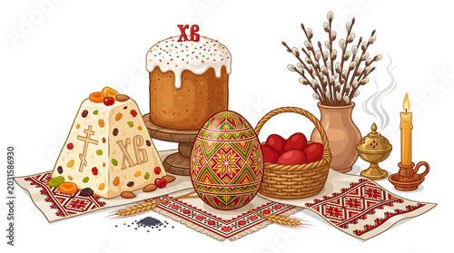 A vibrant still-life of a traditional Russian Orthodox Easter arrangement centered on a painted pysanka egg with kulich bread and paskha cheese