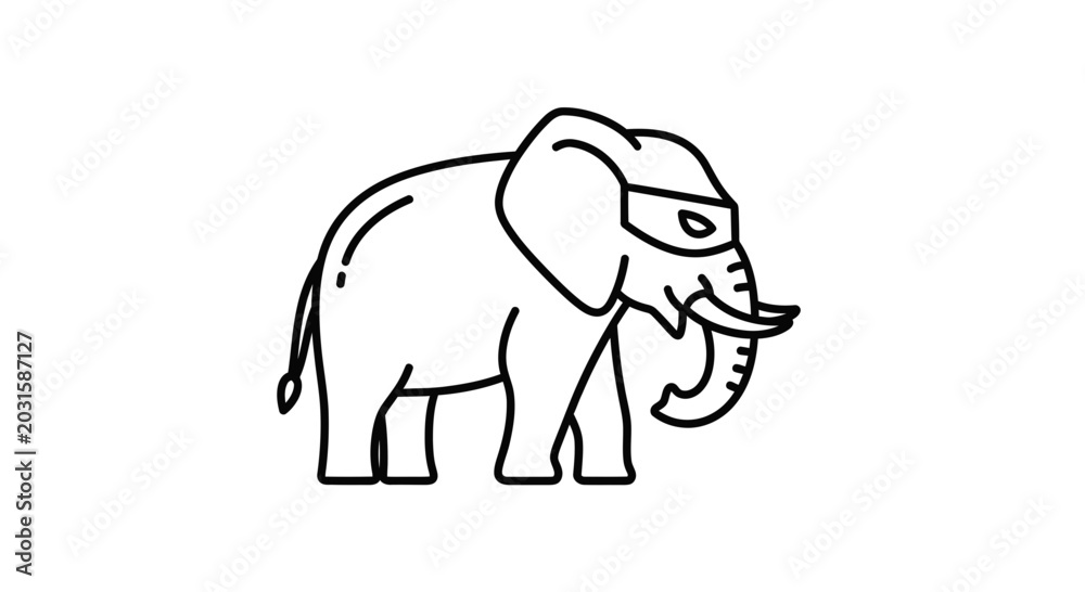 Fototapeta premium Funny Elephant Wearing Mask, Cartoon Style, Outline Icon, Isolated on White Background