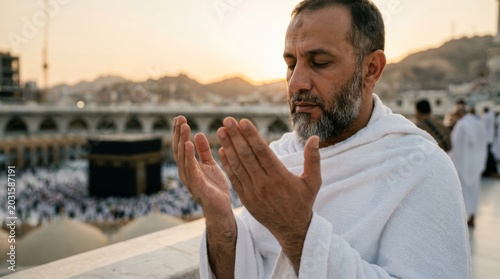Muslim man praying with hands raised at Kaaba during Hajj or Umrah pilgrimage in Mecca, Saudi Arabia at sunset