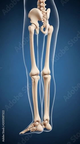 Anatomical Skeleton of Legs: A detailed illustration showcases the skeletal structure of human legs, highlighting the hip bone, femur, tibia, fibula, and foot bones against a clear blue background.