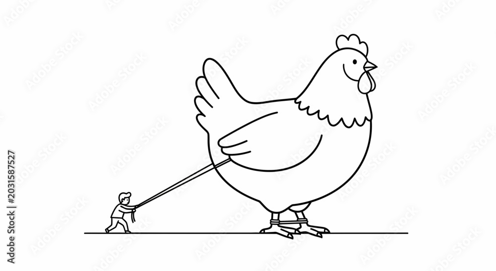 Fototapeta premium Tiny Man Struggling to Lead Giant Chicken on Leash, Surreal Farm Animal Concept