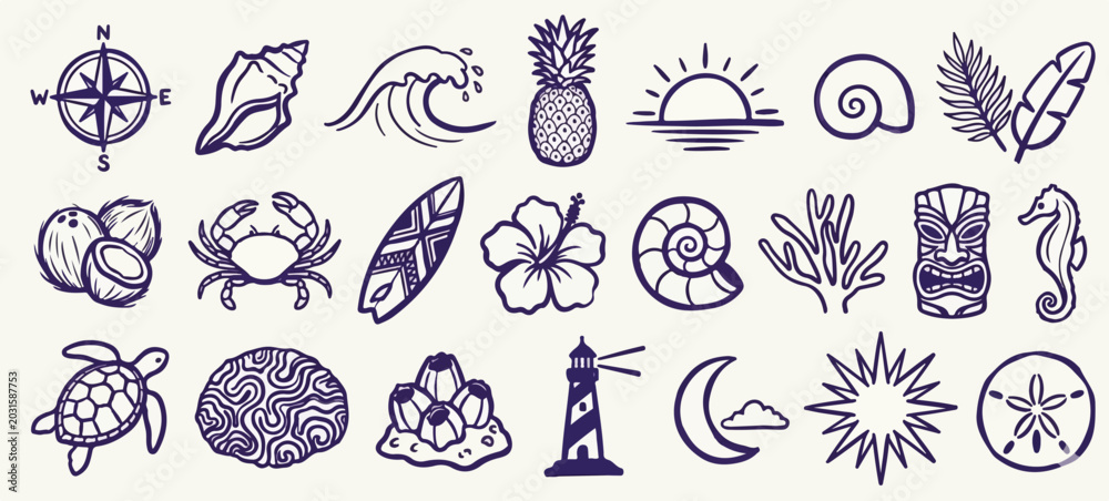 Obraz premium Hand drawn doodle beach and surf vector illustration set. line naive coastal icons like palm trees, waves, spiritual design elements and sun. Summer designs for t-shirts, posters, and placard prints.