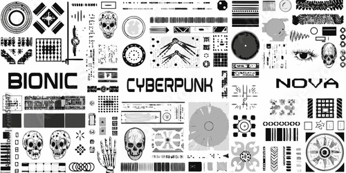 Photos cyberpunk collage with mechanical elements skulls eyes and barcode patterns in m