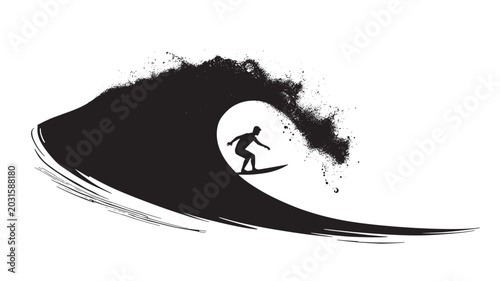 Surfer Riding Big Ocean Wave Silhouette Grunge Style Vector Illustration