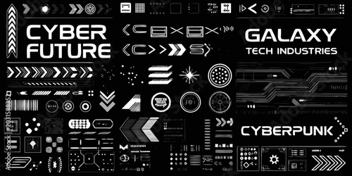 cyberpunk and futuristic elements collection white vector graphics on black background