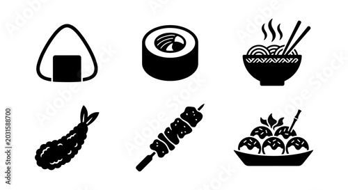 Bild auf Leinwand Japanese Food Icons: Sushi, Ramen, Tempura, Skewers, Onigiri, Takoyaki