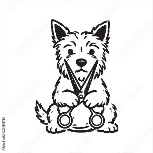 Adorable Puppy Holding Scissors Vector Illustration