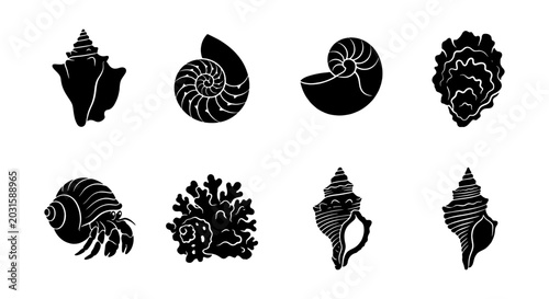 Bild auf Leinwand Seashell Silhouette Collection, Nautical Icons, Ocean Life Vector Graphics