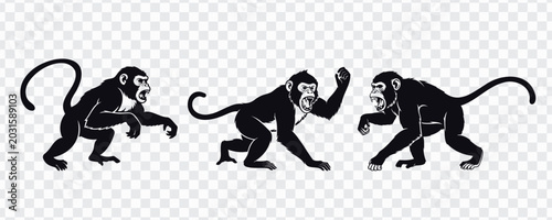 Εκτύπωση καμβά Monkey silhouette vector set featuring three black primate poses with expressive tails and playful movement, ideal for jungle wildlife icons, safari designs, stickers and educational graphics