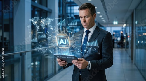 Professional businessman uses a digital tablet to interact with a complex artificial intelligence interface featuring global data and growth charts