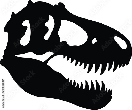 Black silhouette of Tyrannosaurus Rex skull, ferocious dinosaur head, ancient predator fossil.