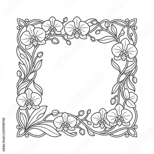 Fotografie Orchid Flower Border Design Line Art.