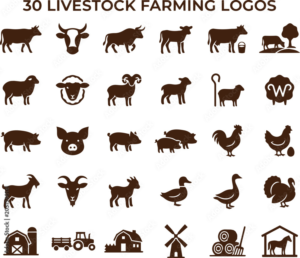 Fototapeta premium Brown farm animal silhouettes and livestock farming logos for agricultural business branding on white background.
