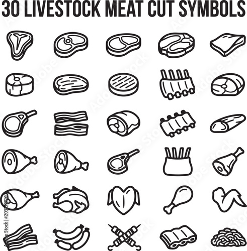 Foto Livestock meat cut symbols set with various beef pork and poultry outline icons for butchery and food industry