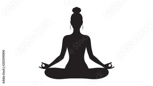 Woman Meditation Yoga Silhouette Sitting in Lotus Pose Black Vector Illustration