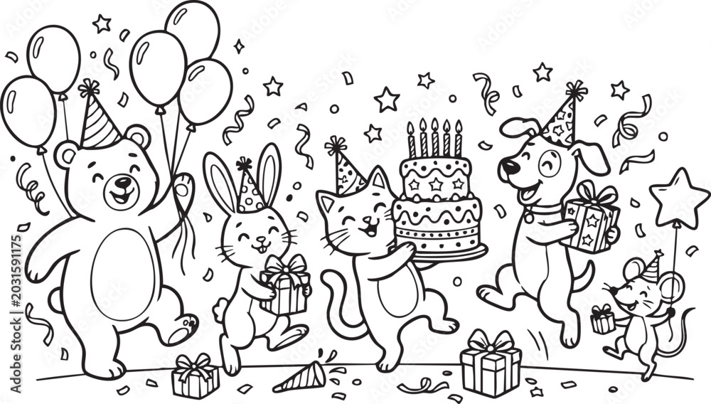 Fototapeta premium Cute cartoon animals celebrating birthday party with balloons and cake in playful scene ,Gererative AI