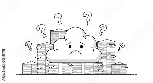 Foto Sad cloud character surrounded by stacks of paper and question marks, confusion