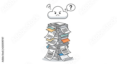 Foto Frustrated Cloud Overwhelmed by Tall Stack of Paperwork and Documents
