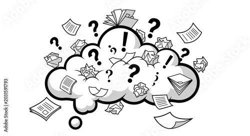 Bild auf Leinwand Confused Brain Cloud with Falling Papers and Question Marks