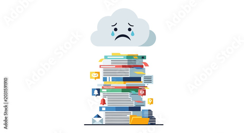 Tableau sur toile Sad cloud over overwhelming pile of documents and notifications