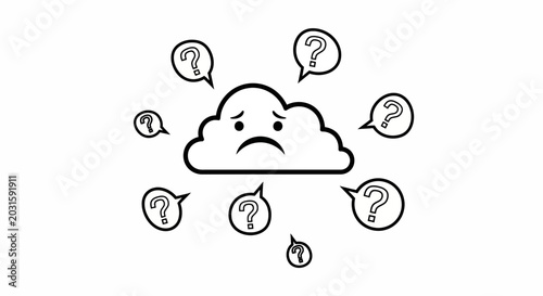 Fotografía Sad Cloud with Question Marks Around it - Confusion and Uncertainty Concept