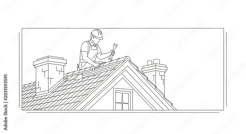 Naklejka premium Roofer working on house roof with chimney, construction, maintenance, repair, safety helmet