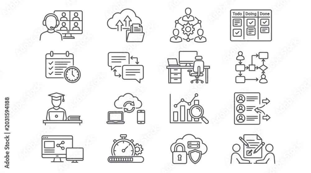 Fototapeta premium Corporate business project management and remote work team collaboration line icon set.