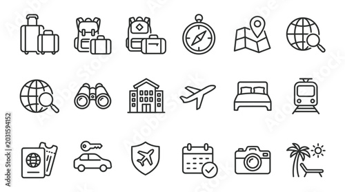 Global travel and tourism destination line icons including transportation hotel and maps.