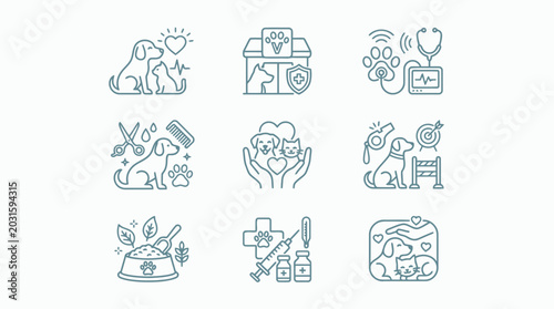 Collection of veterinary and pet care service icons featuring health and wellness topics.