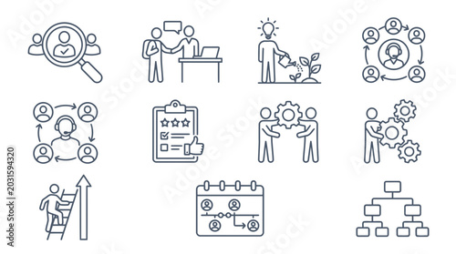 Human resource management and professional recruitment icons for corporate development.