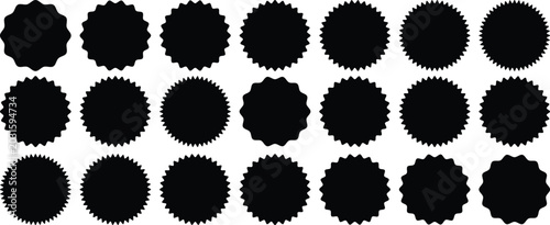 Circle sticker set. Wavy edge promo black badges. Star burst shape tags for price. Blank sale stickers. Simple silhouette. Flat vintage labels. Graphic illustration.