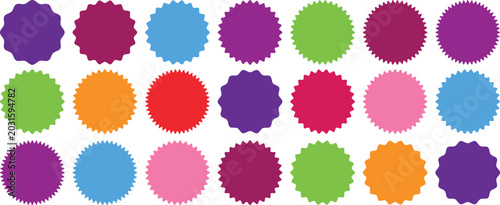 Purple Zigzag Circle Stickers Set Wavy Edge Round Labels, Silhouette Starburst Price Tags, Vector Icons Set of circles with zigzag edges, Sunburst sticker circle, sunburst sticker shapes, circle and	