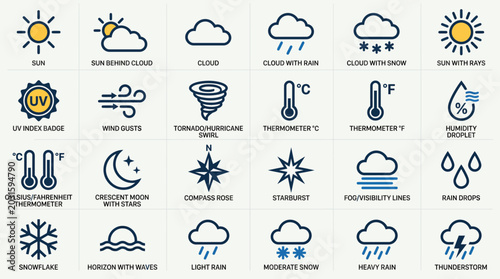 Comprehensive weather icons set featuring sun, clouds, rain, snow, wind, lightning, thermometer and humidity symbols for forecasts, apps and UI design.