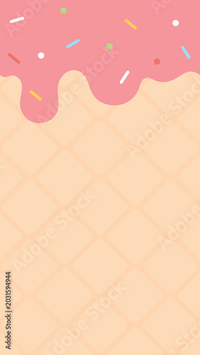 Cute Ice Cream Background with Strawberry Sauce, Colorful Sprinkles Upper Border on Waffle Cone Vertical Background. Flat Design Illustration.

