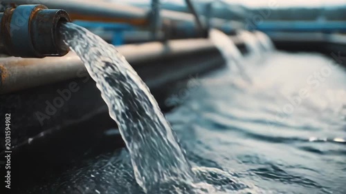 Water flows from multiple industrial pipes into a purification basin, illustrating sustainable liquid management, wastewater treatment, and modern infrastructure for clean water processing