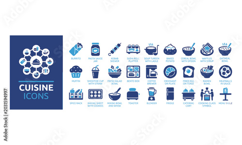 Schilderij op canvas Cuisine icons set with burrito pasta sauce jar kebab skewer sushi roll platter s